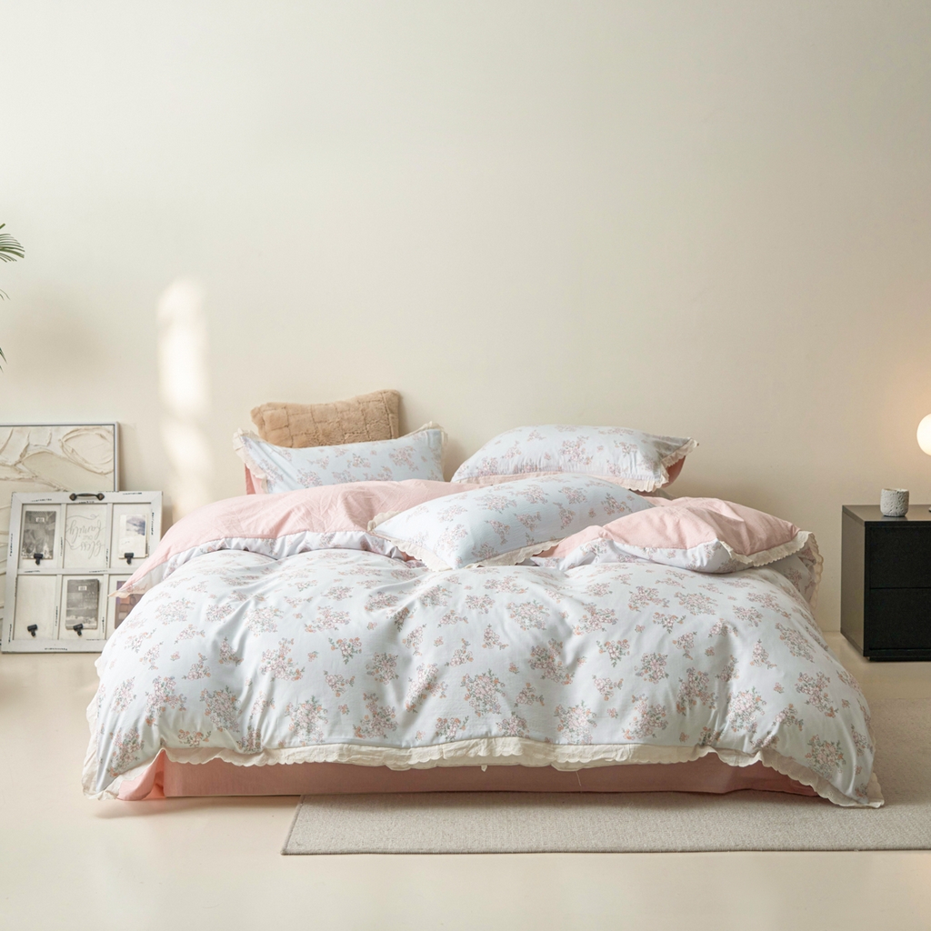 91家纺网 家纺一手货源 找家纺 漫仙阁家纺 2025新款双层纱花边款韩版四件套 初夏