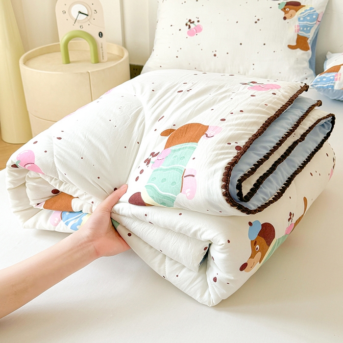 91家纺网 家纺一手货源 找家纺 熙宴家纺 2025新款A类水洗双层纱100%新疆棉花印花夏被空调被夏凉被 腊肠狗