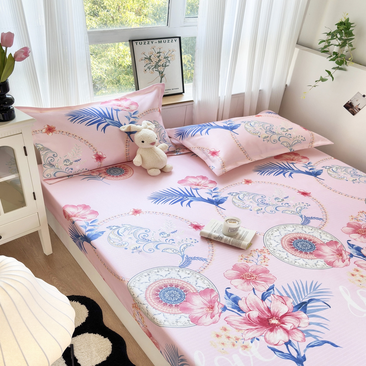 91家纺网 家纺一手货源 找家纺 乐居家纺 2025新款亲肤舒适活性印染水洗冰丝床笠 国色天香-粉