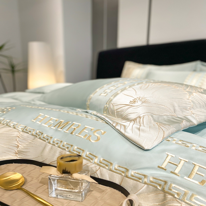 91家纺网 家纺一手货源 找家纺 子曰 2025新款金丝提花浮雕刺绣水洗真丝四件套 花语-绿