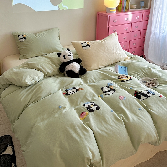 91家纺网 家纺一手货源 找家纺 TT.one 塔塔家居 2025新款全棉双层纱毛巾绣萌宠系列四件套 福气团团