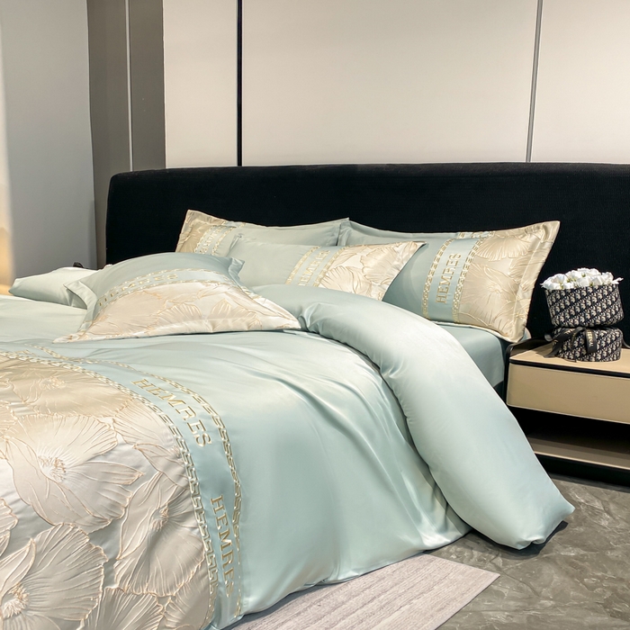 91家纺网 家纺一手货源 找家纺 子曰 2025新款金丝提花浮雕刺绣水洗真丝四件套 花语-绿