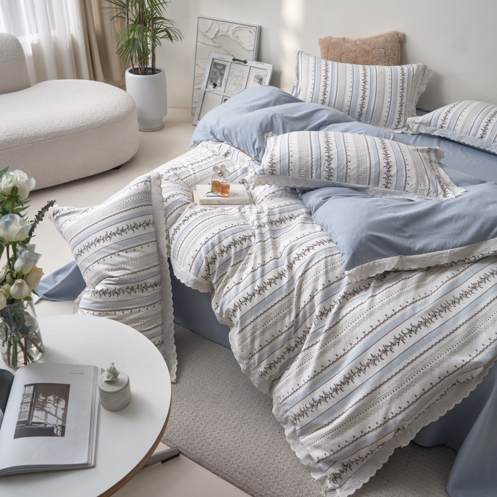 91家纺网 家纺一手货源 找家纺 漫仙阁家纺 2025新款双层纱花边款韩版四件套 茶野