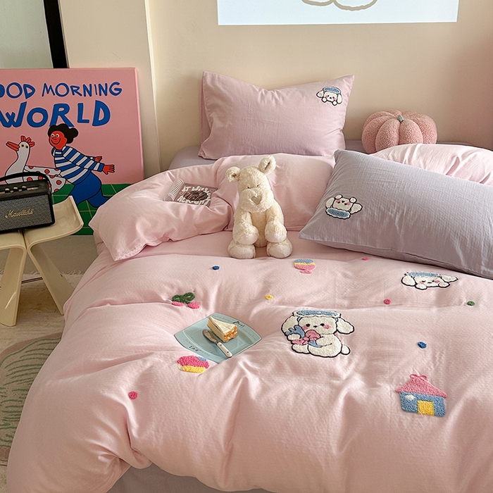 91家纺网 家纺一手货源 找家纺 TT.one 塔塔家居 2025新款全棉双层纱毛巾绣萌宠系列四件套 朵拉公主