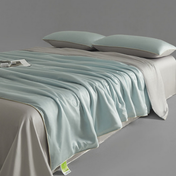 91家纺网 家纺一手货源 找家纺 AB家纺2025新品A类莱赛尔双拼50天丝空调夏被四件套 冰川蓝-烟灰