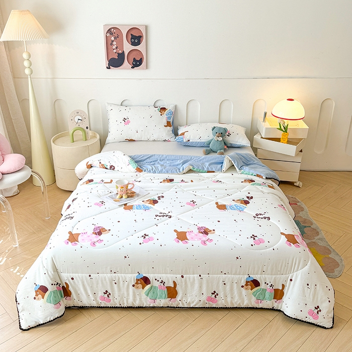 91家纺网 家纺一手货源 找家纺 熙宴家纺 2025新款A类水洗双层纱100%新疆棉花印花夏被空调被夏凉被 腊肠狗