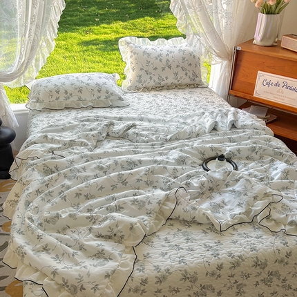 2025新款水洗棉夹棉韩版花边夏被小清新针织棉小碎花皱皱棉双层纱软糯感夏凉被空调被泡泡棉被四季跑量款 洛丽塔
