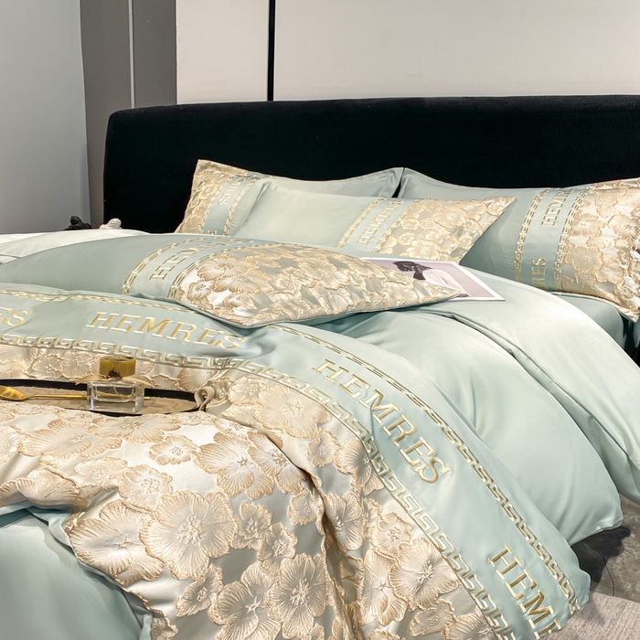 91家纺网 家纺一手货源 找家纺 子曰 2025新款金丝提花浮雕刺绣水洗真丝四件套 花开朵朵-绿