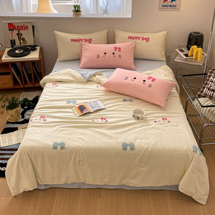 红嘴企鹅2025新款毛巾绣空调被四件套 夏被-黄格小猫