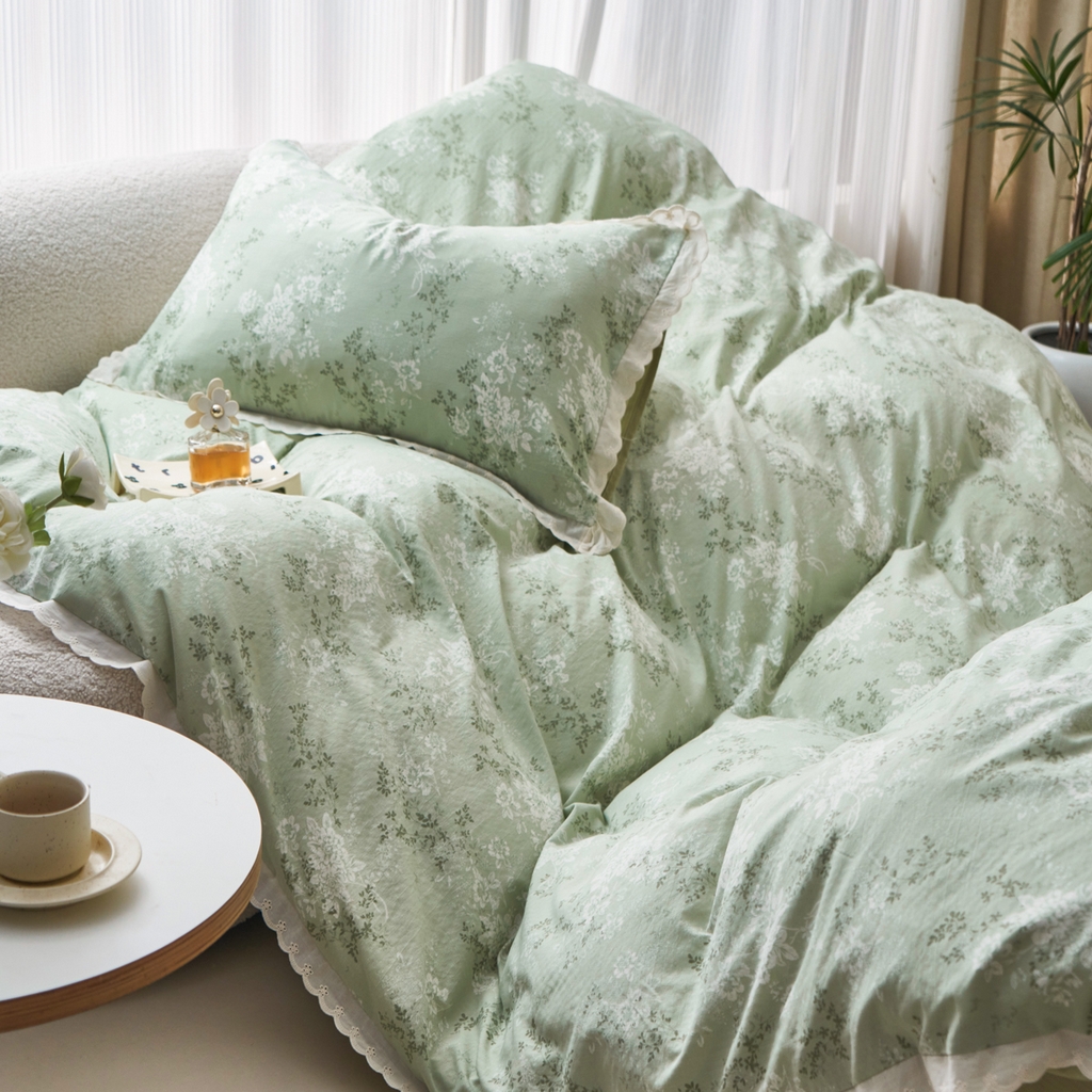 91家纺网 家纺一手货源 找家纺 漫仙阁家纺 2025新款双层纱花边款韩版四件套 绿意