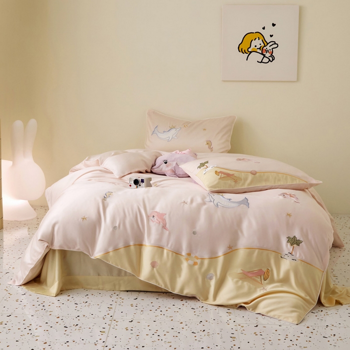 91家纺网 家纺一手货源 找家纺 爱缦 2025新款海边假日系列莱赛尔四件套风格二 粉