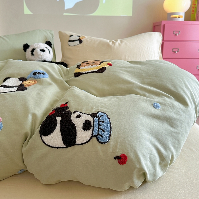 91家纺网 家纺一手货源 找家纺 TT.one 塔塔家居 2025新款全棉双层纱毛巾绣萌宠系列四件套 福气团团