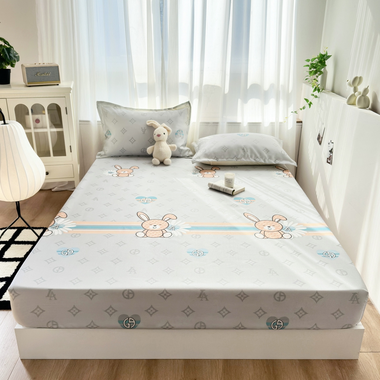 91家纺网 家纺一手货源 找家纺 乐居家纺 2025新款亲肤舒适活性印染水洗冰丝床笠 米妮兔-卡