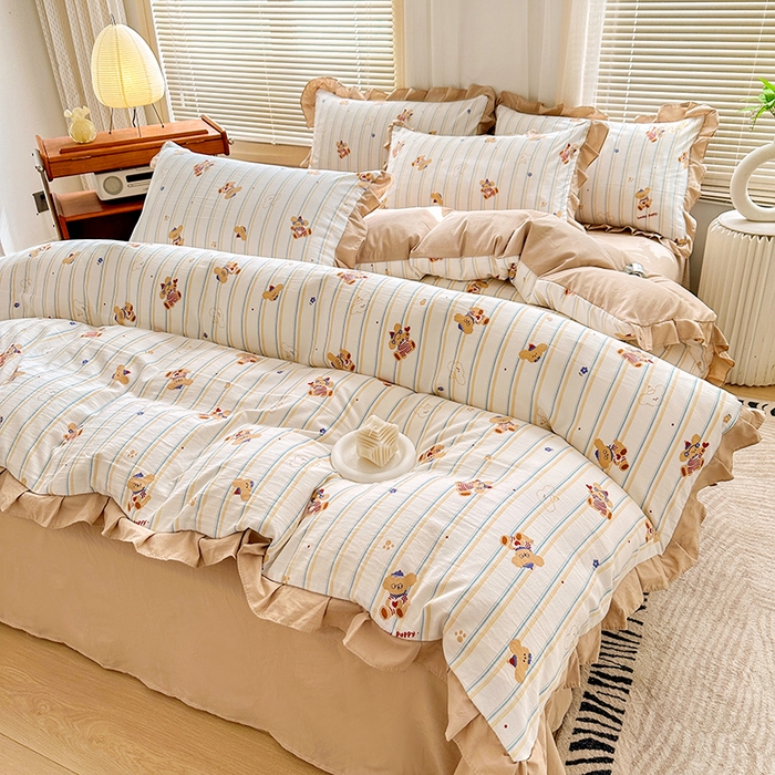 91家纺网 家纺一手货源 找家纺 佳一家纺 2025新款亲肤水洗棉四件套系列 快乐熊