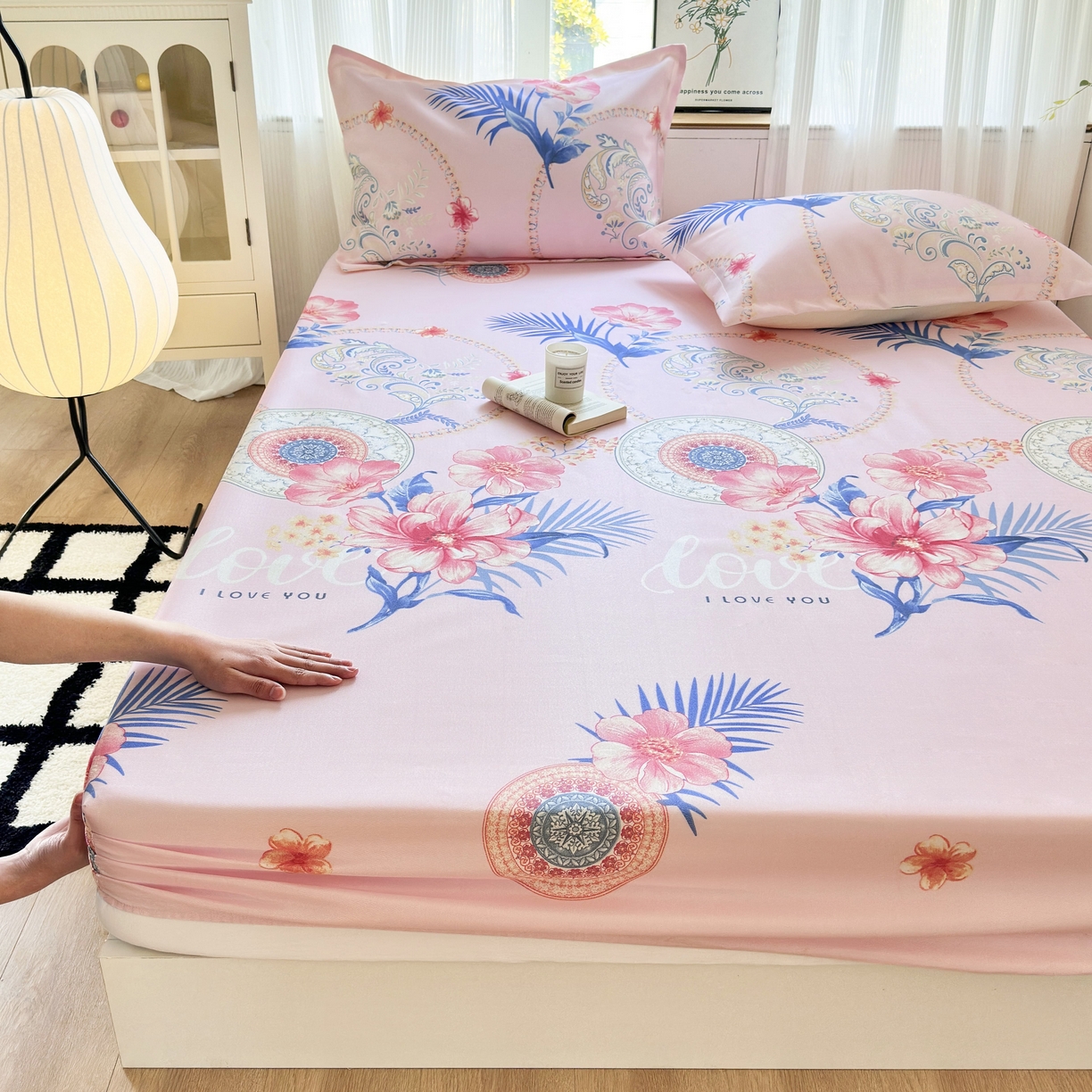 91家纺网 家纺一手货源 找家纺 乐居家纺 2025新款亲肤舒适活性印染水洗冰丝床笠 国色天香-粉