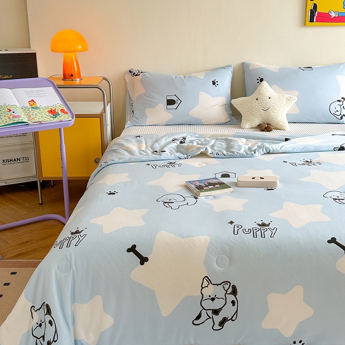 91家纺网 家纺一手货源 找家纺 麦伦家居 2025新款云柔针织棉大豆夏凉被 萌犬蓝