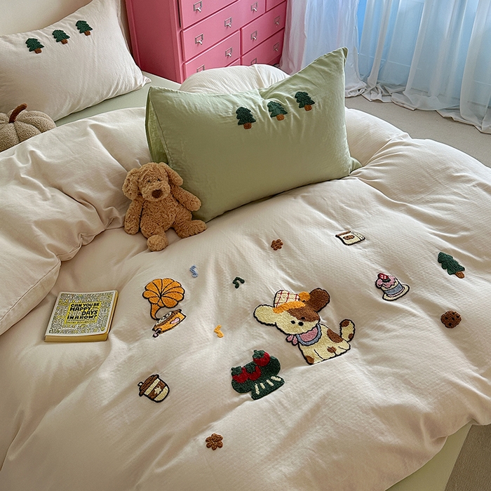 91家纺网 家纺一手货源 找家纺 TT.one 塔塔家居 2025新款全棉双层纱毛巾绣萌宠系列四件套 派对小狗