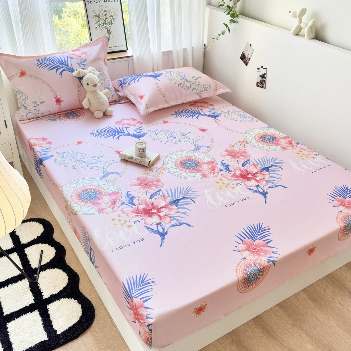 91家纺网 家纺一手货源 找家纺 乐居家纺 2025新款亲肤舒适活性印染水洗冰丝床笠 国色天香-粉