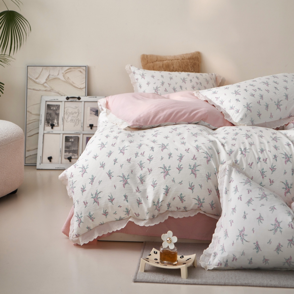 91家纺网 家纺一手货源 找家纺 漫仙阁家纺 2025新款双层纱花边款韩版四件套 白茶