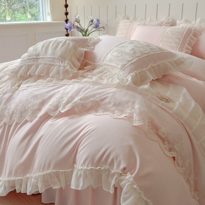 91家纺网 家纺一手货源 找家纺 狂想家 2025高定蕾丝糯小棉安妮系列四件套 蜜桃粉