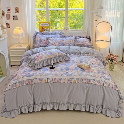 迪欧芙2025新款全棉法式数码印花床裙四件套 玫瑰花开