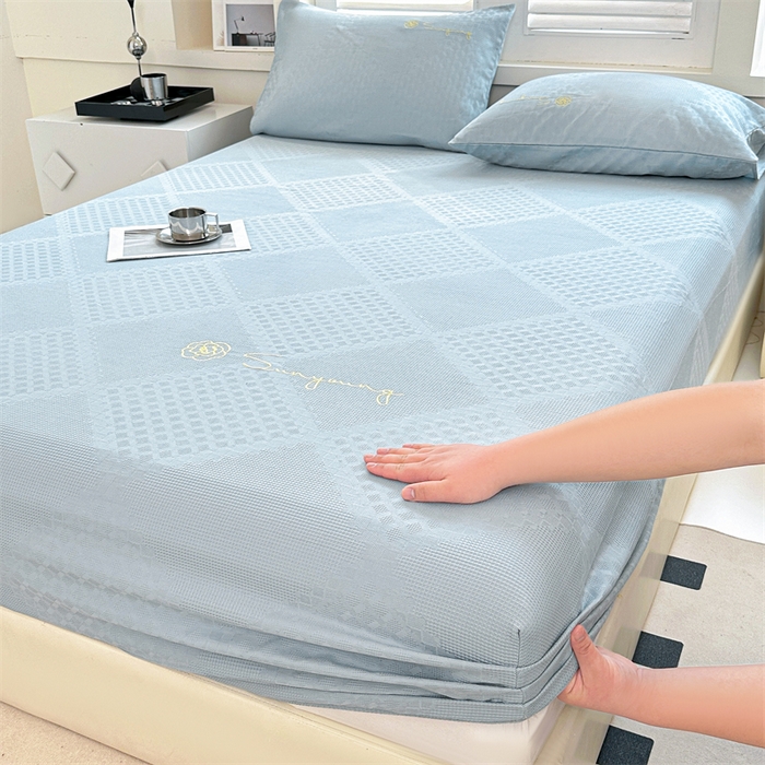 91家纺网 家纺一手货源 找家纺 曼町家居 2025新款全棉华夫格床笠 云水蓝