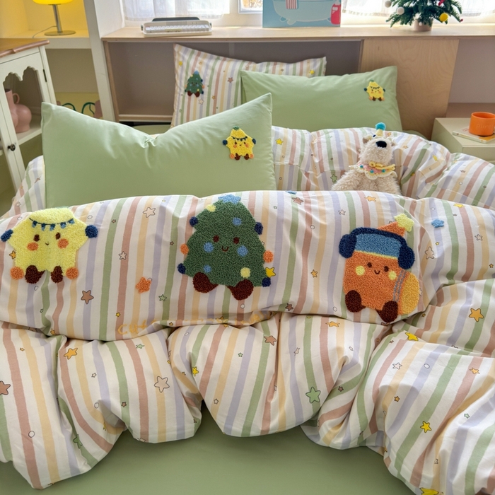 91家纺网 家纺一手货源 找家纺 如意朵2025新款全棉毛巾绣四件套 彩色星星