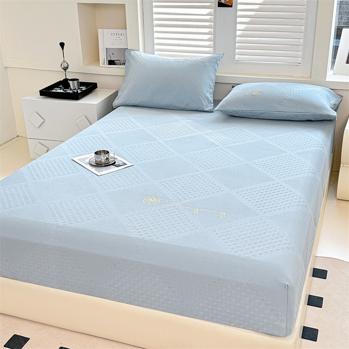 91家纺网 家纺一手货源 找家纺 曼町家居 2025新款全棉华夫格床笠 云水蓝