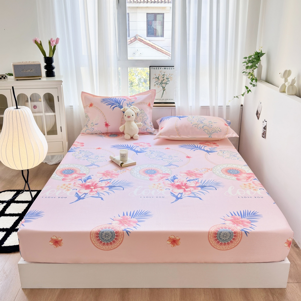 91家纺网 家纺一手货源 找家纺 乐居家纺 2025新款亲肤舒适活性印染水洗冰丝床笠 国色天香-粉