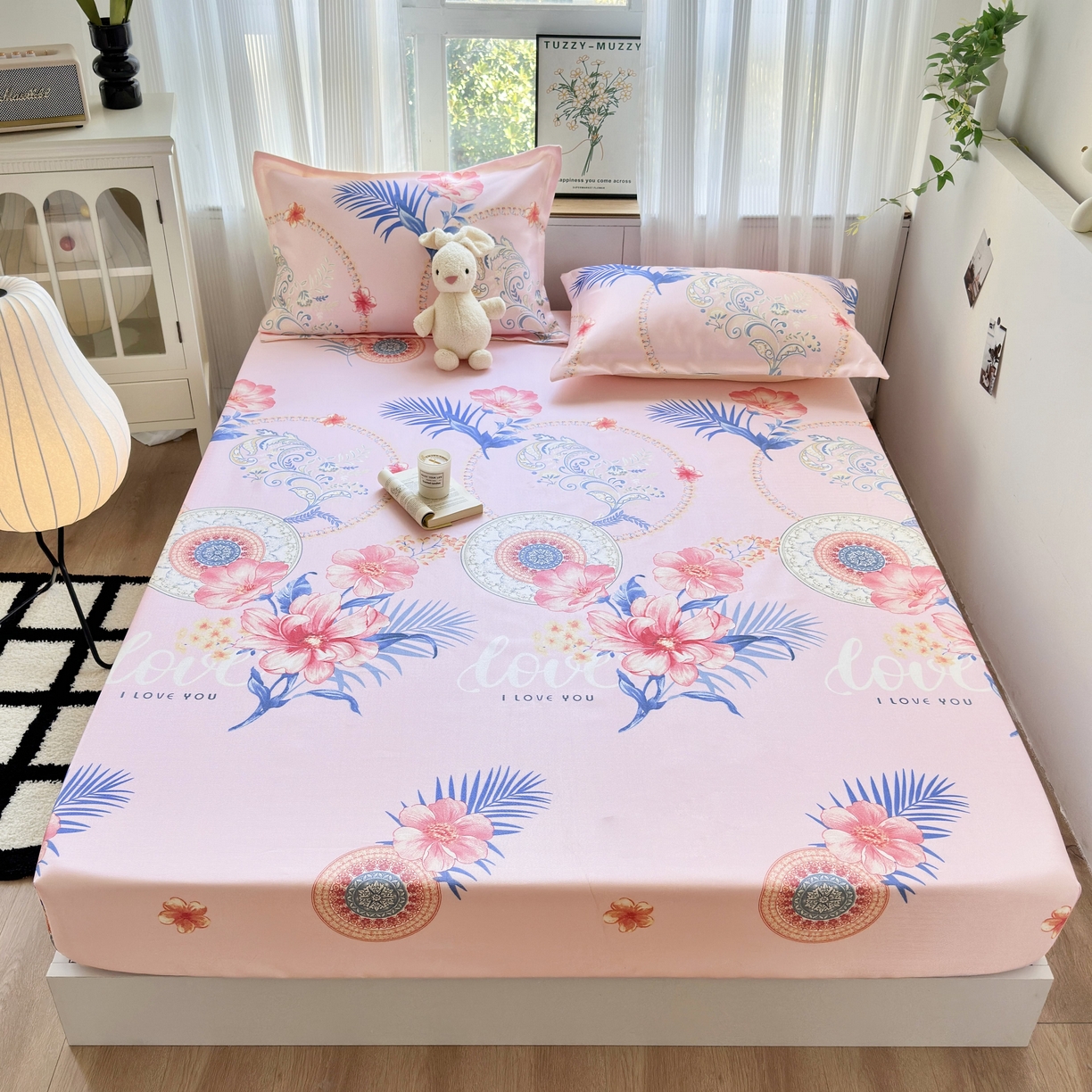 91家纺网 家纺一手货源 找家纺 乐居家纺 2025新款亲肤舒适活性印染水洗冰丝床笠 国色天香-粉