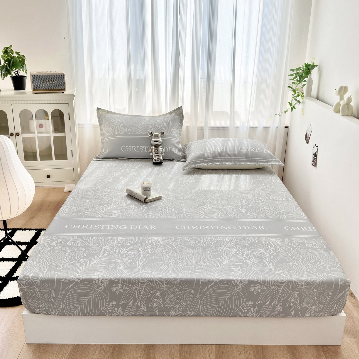 91家纺网 家纺一手货源 找家纺 乐居家纺 2025新款亲肤舒适活性印染水洗冰丝床笠 芳菲-灰