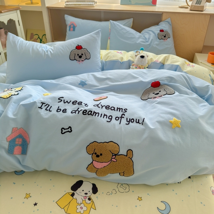 91家纺网 家纺一手货源 找家纺 如意朵2025新款全棉毛巾绣四件套 萌宠乐园