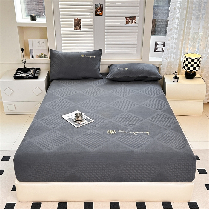 91家纺网 家纺一手货源 找家纺 曼町家居 2025新款全棉华夫格床笠 烟灰