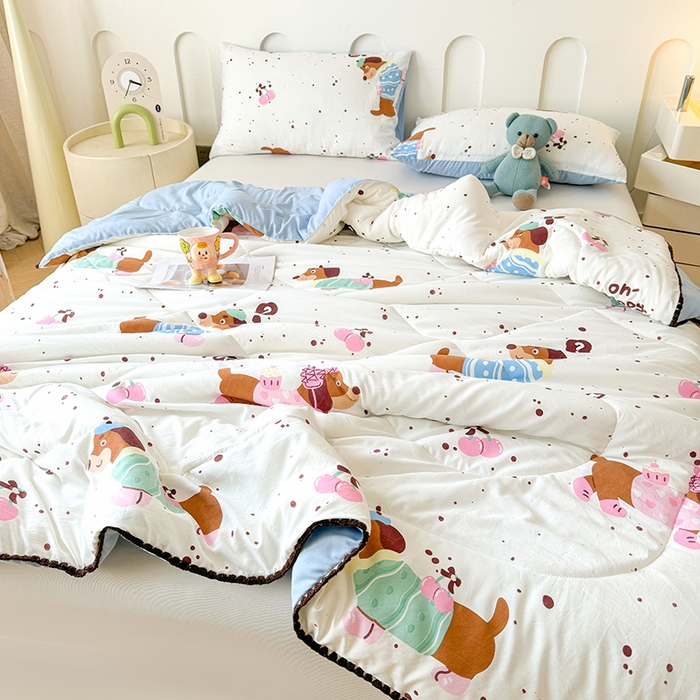 91家纺网 家纺一手货源 找家纺 熙宴家纺 2025新款A类水洗双层纱100%新疆棉花印花夏被空调被夏凉被 腊肠狗