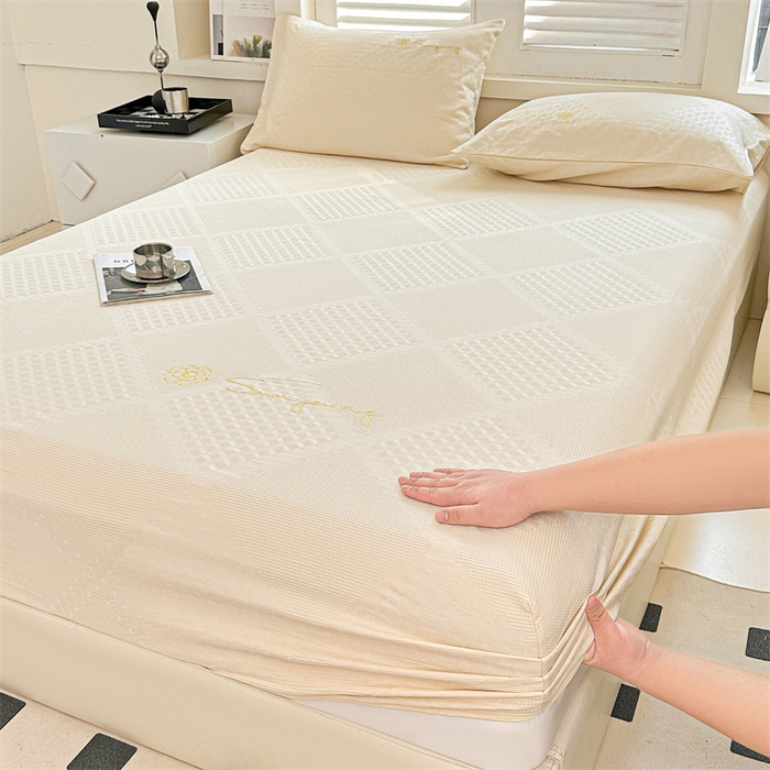 91家纺网 家纺一手货源 找家纺 曼町家居 2025新款全棉华夫格床笠 珍珠白