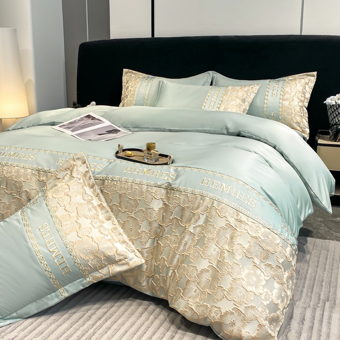 91家纺网 家纺一手货源 找家纺 子曰 2025新款金丝提花浮雕刺绣水洗真丝四件套 花开朵朵-绿