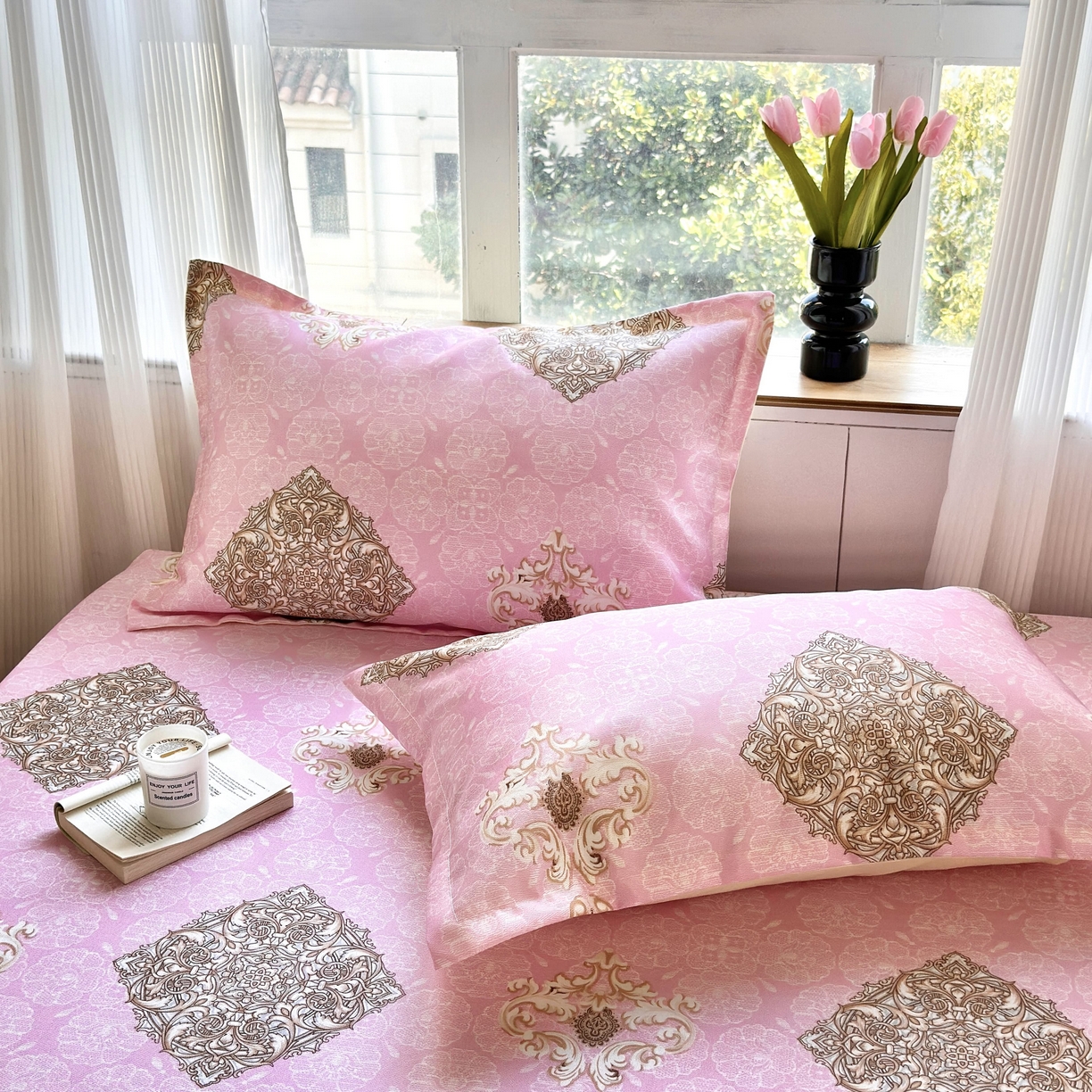 91家纺网 家纺一手货源 找家纺 乐居家纺 2025新款亲肤舒适活性印染水洗冰丝床笠 空谷幽兰-粉