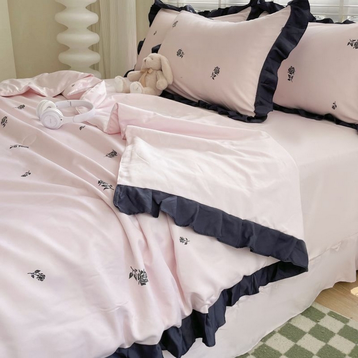 91家纺网 家纺一手货源 找家纺 绣女坊  2025新款水洗天丝夏被四件套 粉色玫瑰