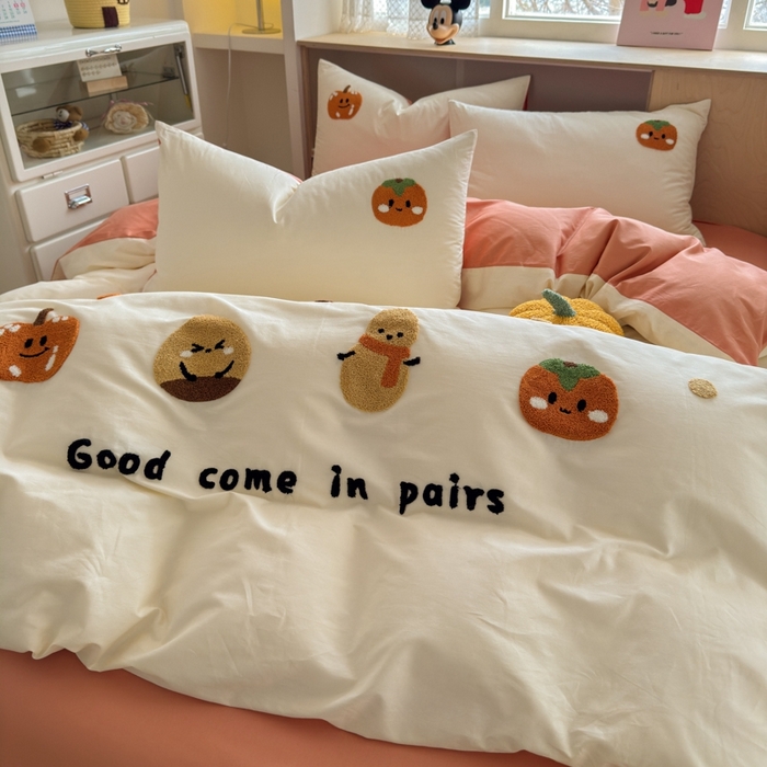 91家纺网 家纺一手货源 找家纺 如意朵2025新款全棉毛巾绣四件套 柿柿如意