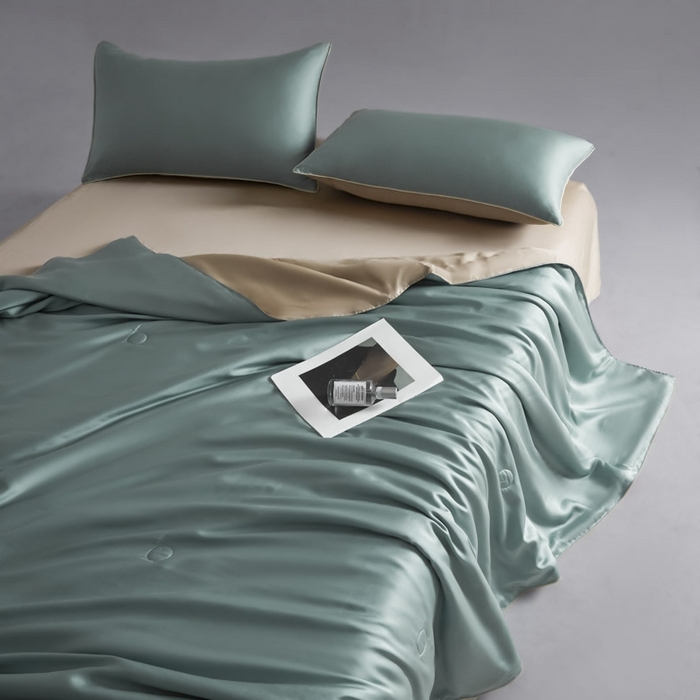 91家纺网 家纺一手货源 找家纺 AB家纺2025新品A类莱赛尔双拼50天丝空调夏被四件套 海青绿-卡其