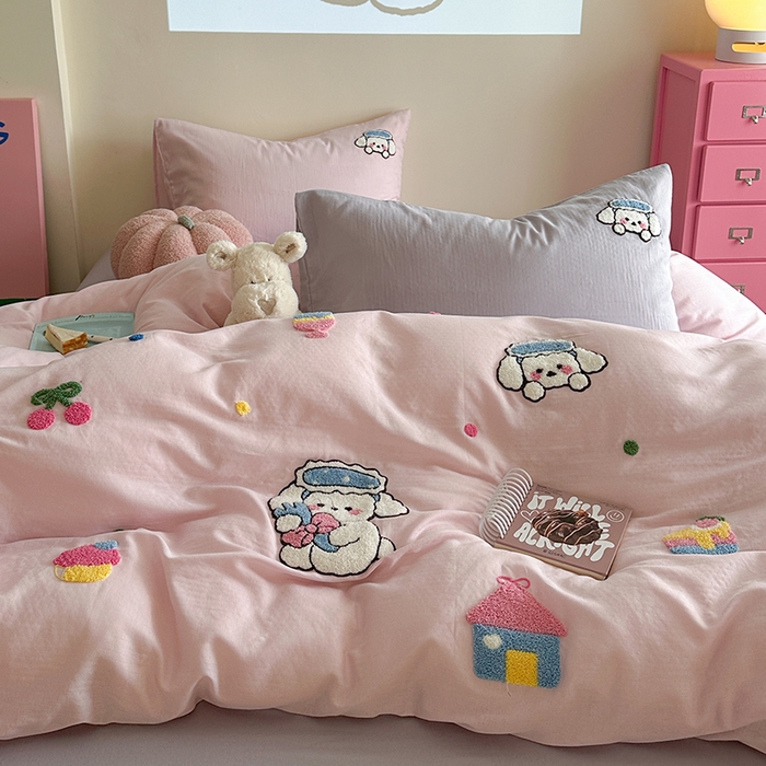 91家纺网 家纺一手货源 找家纺 TT.one 塔塔家居 2025新款全棉双层纱毛巾绣萌宠系列四件套 朵拉公主