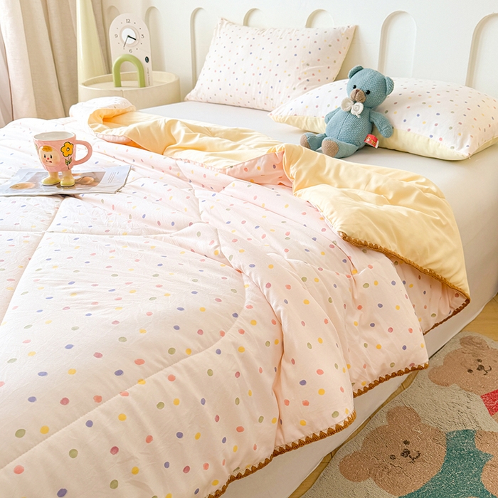 91家纺网 家纺一手货源 找家纺 熙宴家纺 2025新款A类水洗双层纱100%新疆棉花印花夏被空调被夏凉被 五彩波点