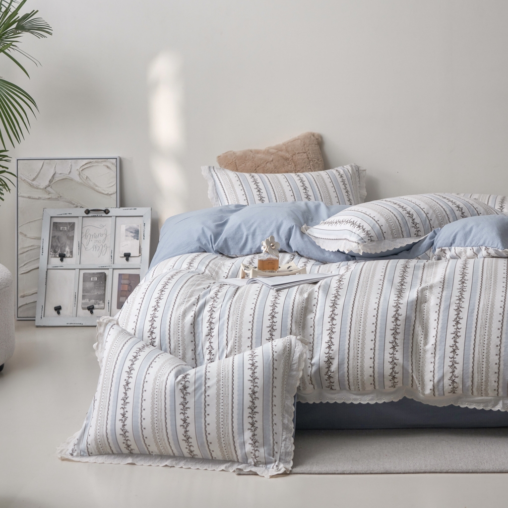 91家纺网 家纺一手货源 找家纺 漫仙阁家纺 2025新款双层纱花边款韩版四件套 茶野