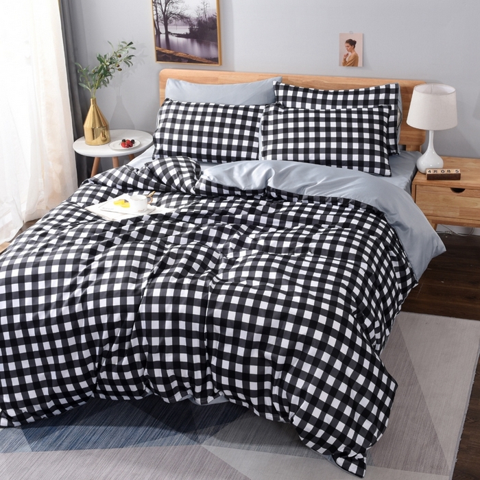 91家纺网 家纺一手货源 找家纺 百花王2025新款斜纹天丝莫代尔四件套 黑白格