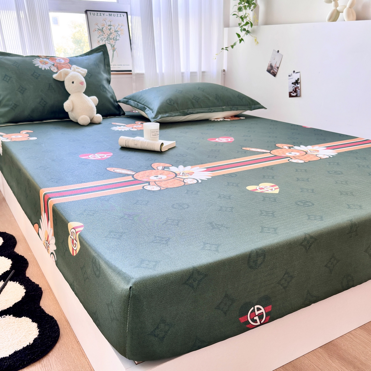 91家纺网 家纺一手货源 找家纺 乐居家纺 2025新款亲肤舒适活性印染水洗冰丝床笠 米妮兔-绿