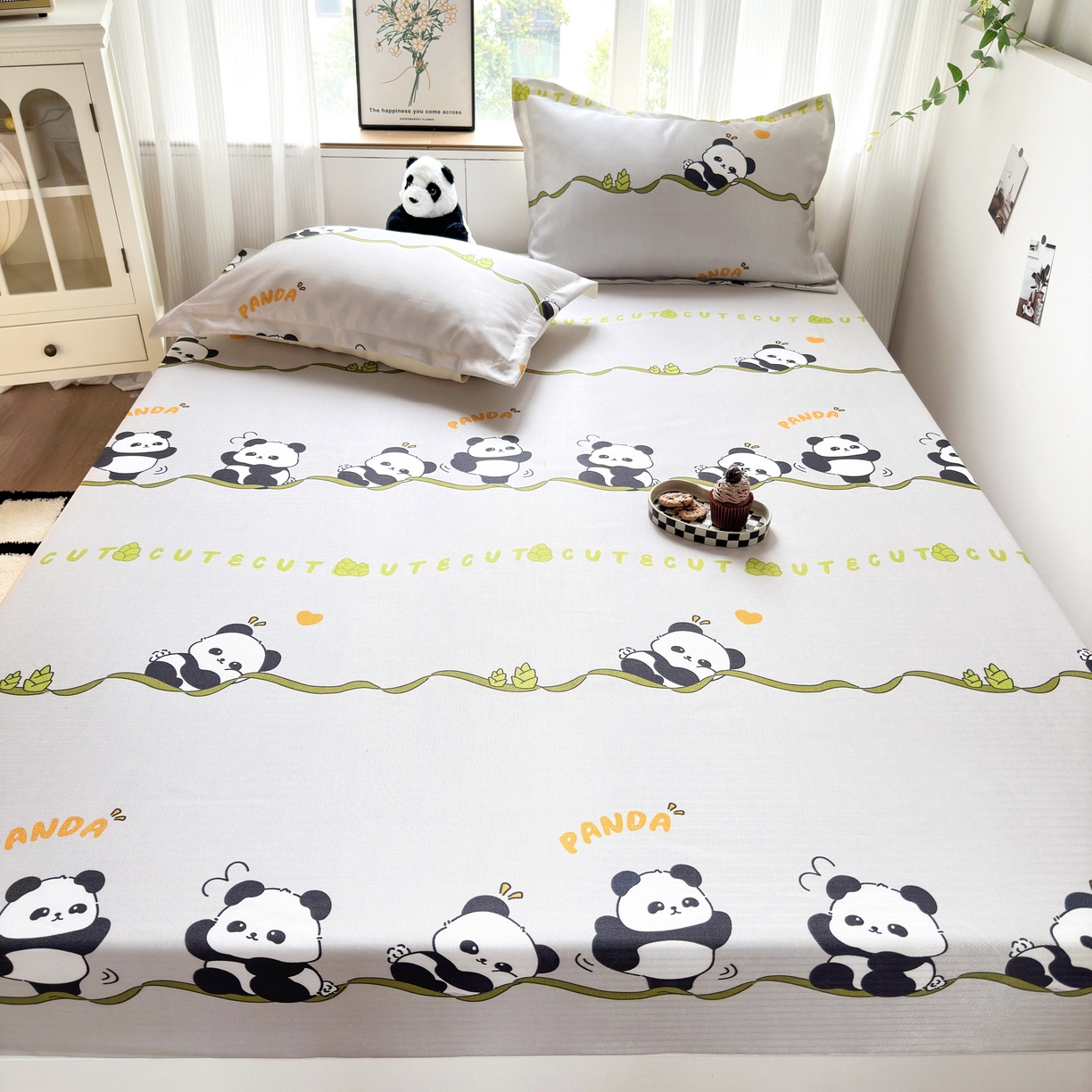 91家纺网 家纺一手货源 找家纺 乐居家纺 2025新款亲肤舒适活性印染水洗冰丝床笠 熊猫-灰