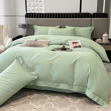 宇彬家纺 2025直播新款13374全棉纯棉母婴级压线一字绣纯色刺绣四件套全棉纯棉贡缎新疆长绒字母款铂金系列 铂金 炫彩绿