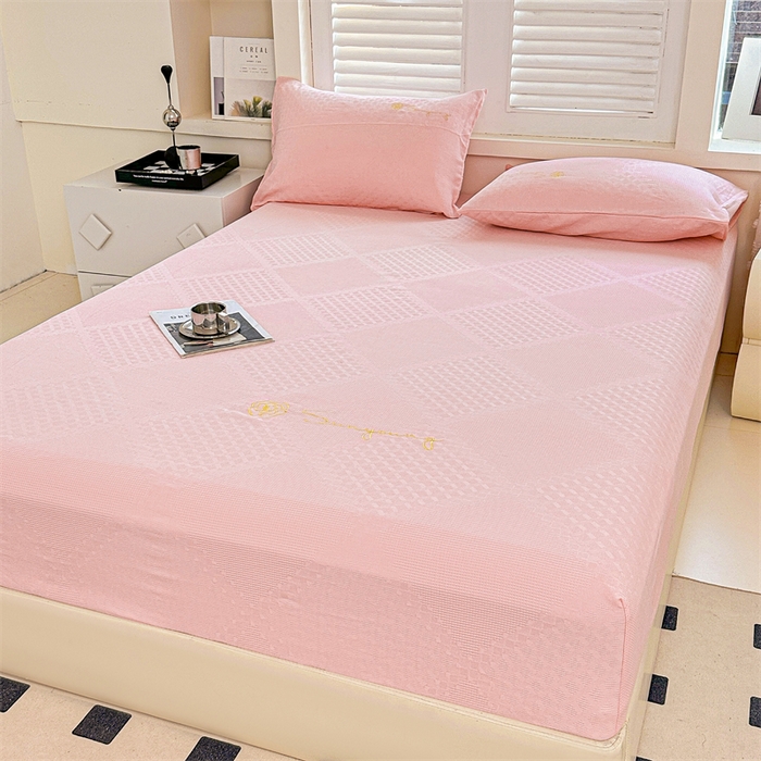 91家纺网 家纺一手货源 找家纺 曼町家居 2025新款全棉华夫格床笠 浅粉