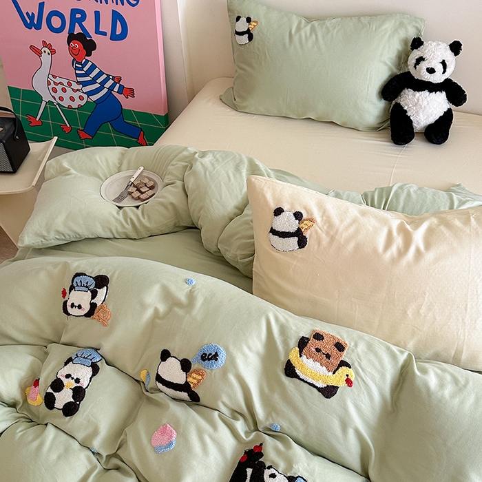 91家纺网 家纺一手货源 找家纺 TT.one 塔塔家居 2025新款全棉双层纱毛巾绣萌宠系列四件套 福气团团