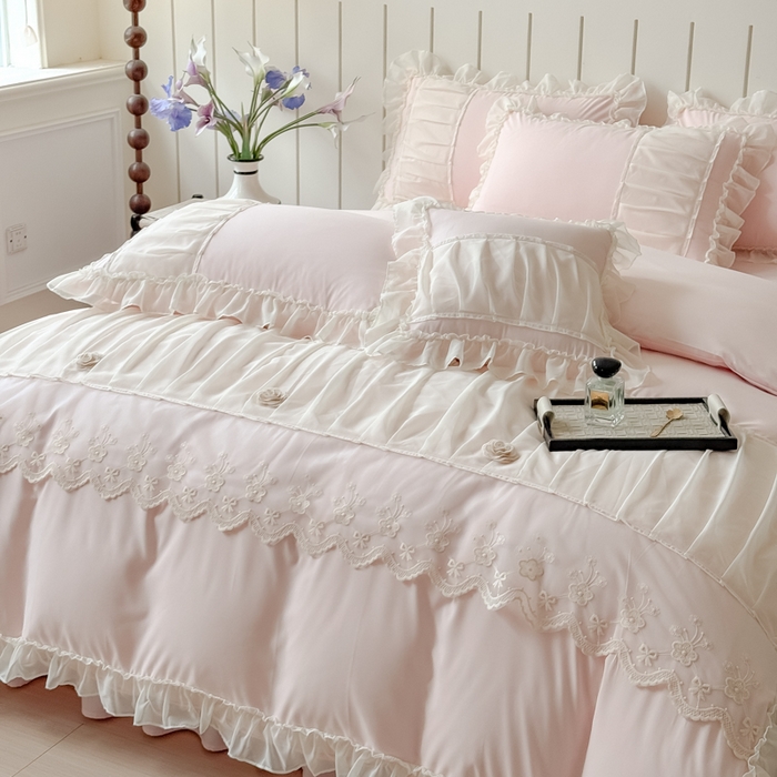 91家纺网 家纺一手货源 找家纺 狂想家 2025高定蕾丝糯小棉安妮系列四件套 蜜桃粉